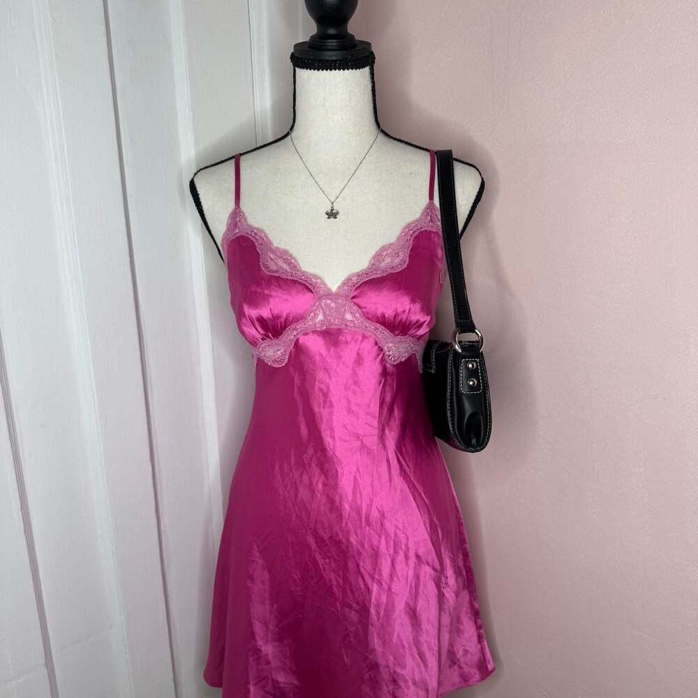 SOLD 

Vintage Hot Pink Satin Lace Trim Slip Dress, Size Small - Y2K Fairycore